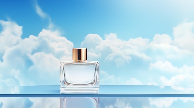 botella de spray de perfume vectorial en el podio con nubes en el cielo simulacro de pancarta