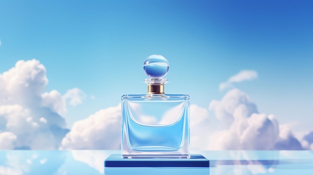 botella de spray de perfume vectorial en el podio con nubes en el cielo simulacro de pancarta