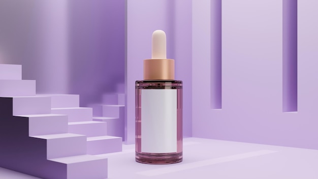 Botella de suero facial con soporte de maqueta de etiqueta blanca sobre fondo abstracto púrpura 3D Render