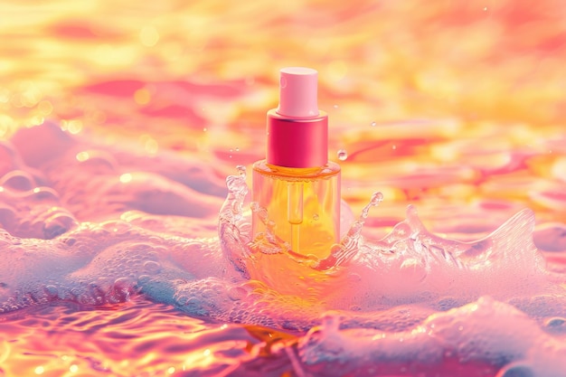 La botella de suero hidratante se encuentra en las olas de agua sobre el fondo amarillo rosado
