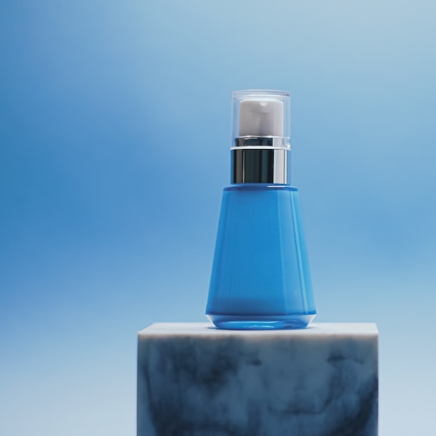 Botella de suero sobre fondo azul, productos para el cuidado de la piel de lujo, belleza y cosmética.