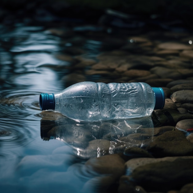 Una botella con una tapa azul flota en un arroyo poco profundo.