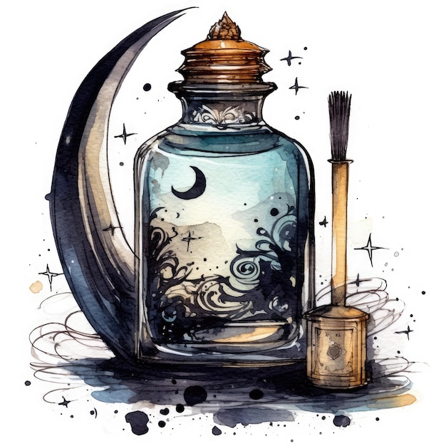 botella de tinta pluma acuarela magia misterio diseño de tatuaje impresión póster fantasía acuarela pegatina