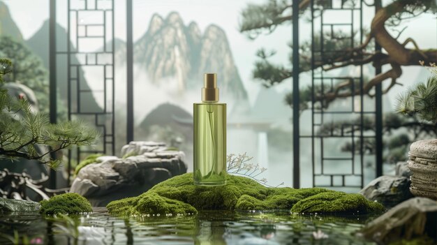 Una botella de tóner facial de agua verde se encuentra en el musgo rodeado de pinos y montañas