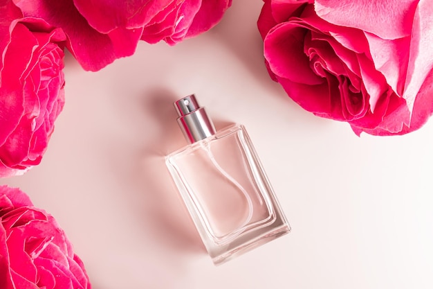 Una botella transparente de perfume de mujer o eau de toilette se encuentra entre los grandes capullos de rosas rosadas Plantilla de vista superior para la presentación del producto