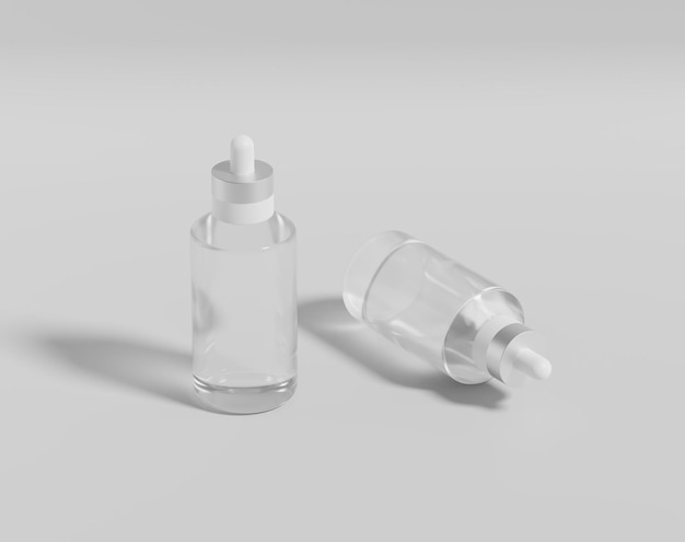 Botella transparente realista con una caja, botella de vidrio de madicina, renderizado 3d, ilustración 3d, rende