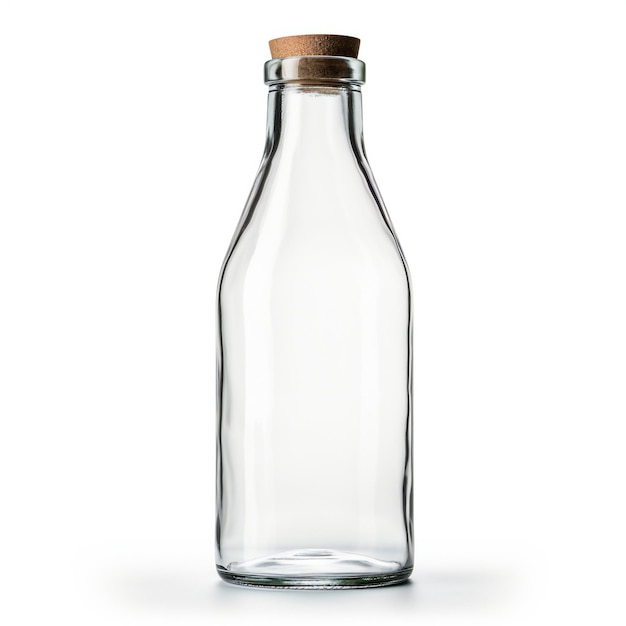 una botella transparente con una tapa dorada está sobre un fondo blanco.