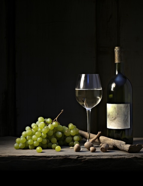 Botella de uvas de vino blanco y sacacorchos sobre mesa de madera