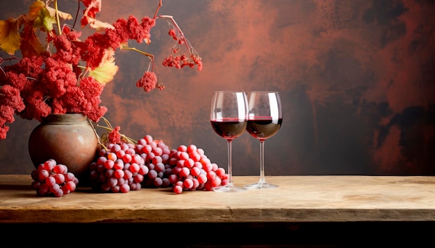 botella de uvas de vino y vaso con vino tinto en una mesa de madera degustación de vino tarjeta de vino rastaurant