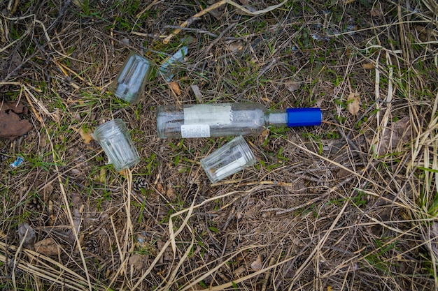 Botella vacía y dos vasos en el bosque.