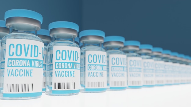 Una botella de vacuna contra el coronavirus o COVID-19 colocada sobre una mesa en el laboratorio