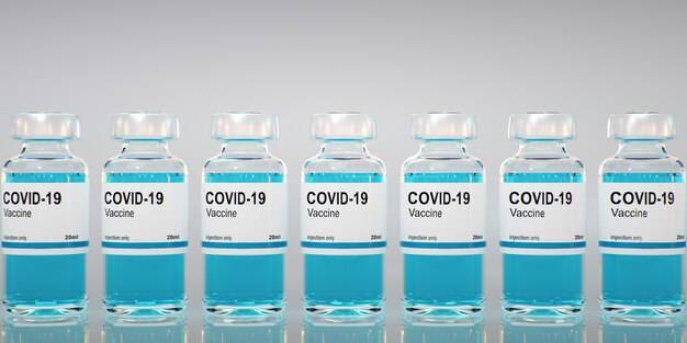 Botella de vacuna Coronavirus Covid -19. SARS-CoV-2. Representación 3d de vacuna