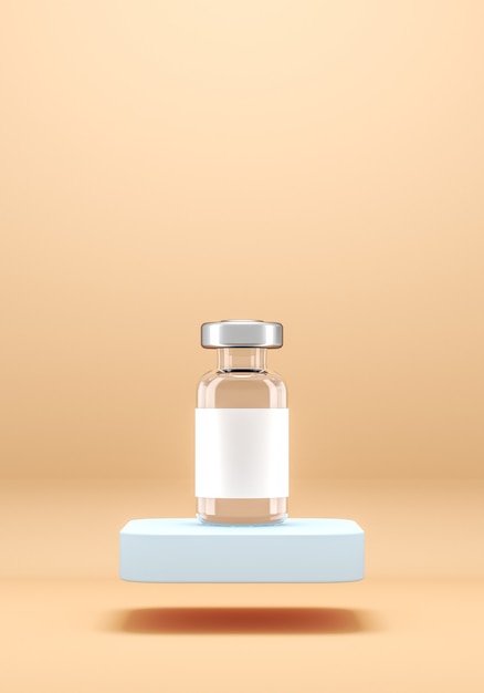 La botella de vacuna en plataforma azul flotante sobre fondo beige, fondo minimalista para medicina. Representación 3d