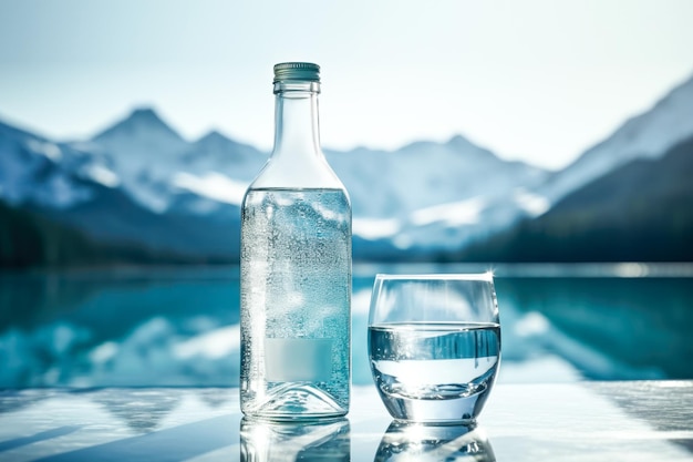 Botella y vaso de agua contra el fondo borroso de la naturaleza, la nieve y el paisaje de la montaña