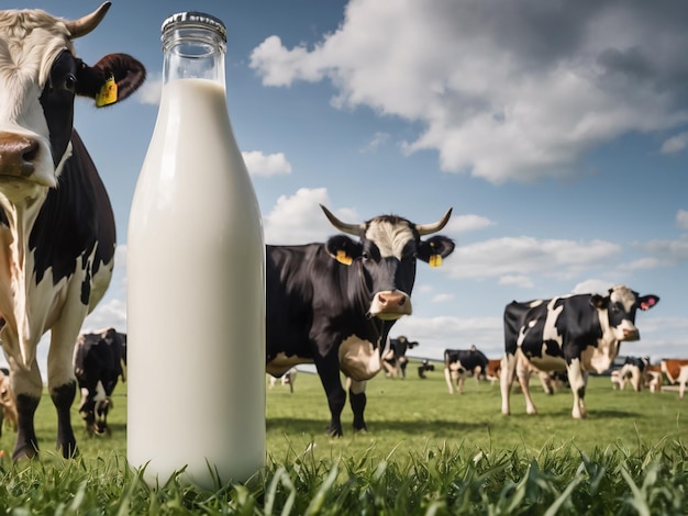 Botella de un vaso de leche en un campo de hierba