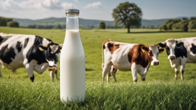 Botella de un vaso de leche en un campo de hierba