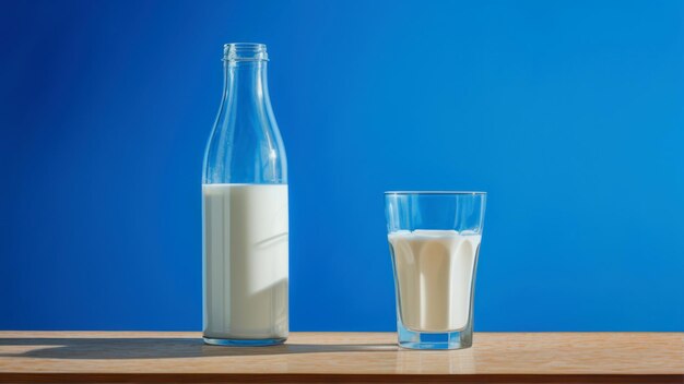 botella y vaso de leche en mesa de madera y fondo de pared azul