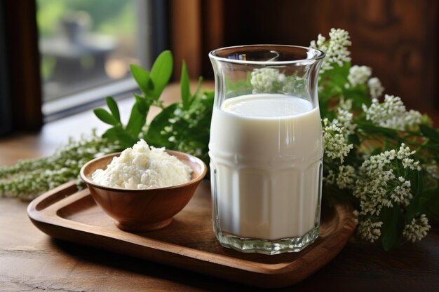 Botella y vaso de leche en una mesa de madera marrón Fondo alimentario culinario Ingred generativo IA