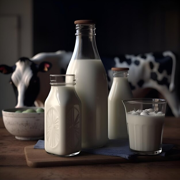 Foto botella y vaso de leche en una mesa de madera con una vaca en el fondo