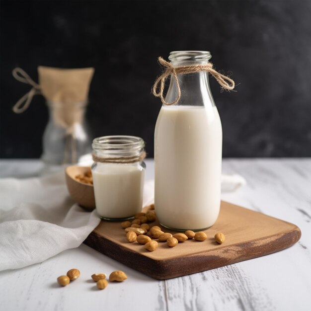 Botella y vaso de leche con nueces