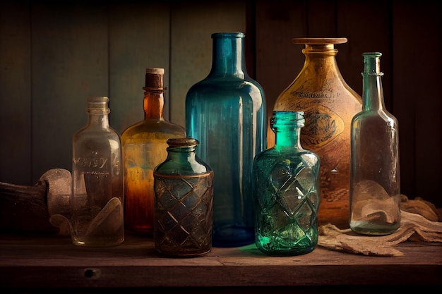 Botella y vaso sobre fondo de mesa de madera IA generativa