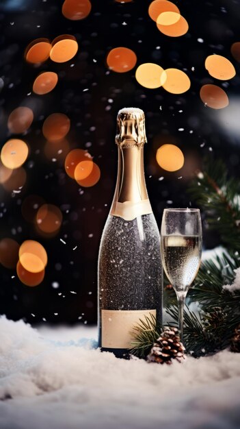 Botella y vaso de vino blanco enfriado por la nieve en el bosque de invierno al atardecer