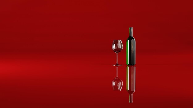 Botella y vaso de vino sobre fondo rojo renderización 3D