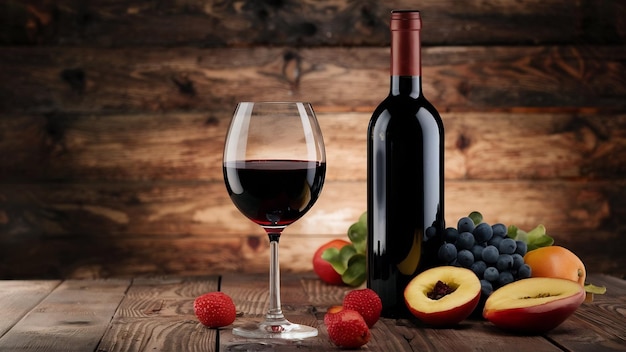 Una botella y un vaso de vino tinto con frutas sobre una mesa de madera