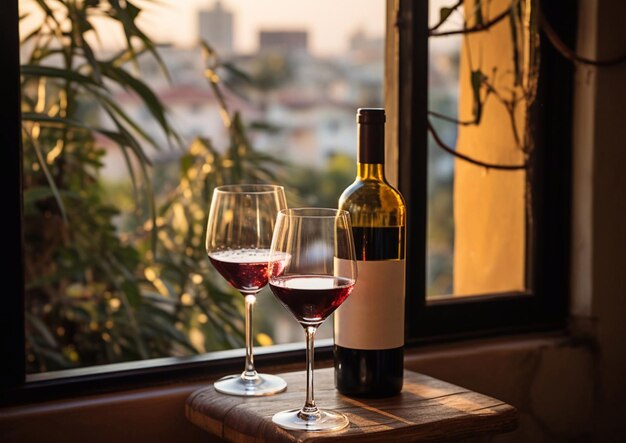 Botella y vaso de vino tinto en la ventana con una hermosa vista de la ciudad vieja en la noche de veranoAI Generative