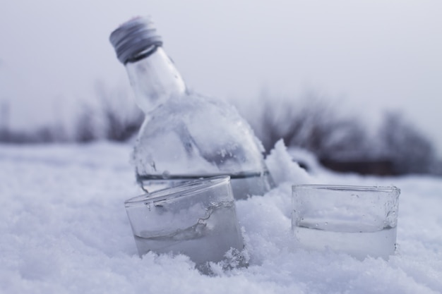 Botella con vasos de vodka sobre hielo