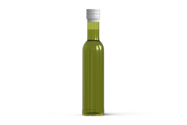 Una botella verde de aceite de oliva con un fondo blanco.