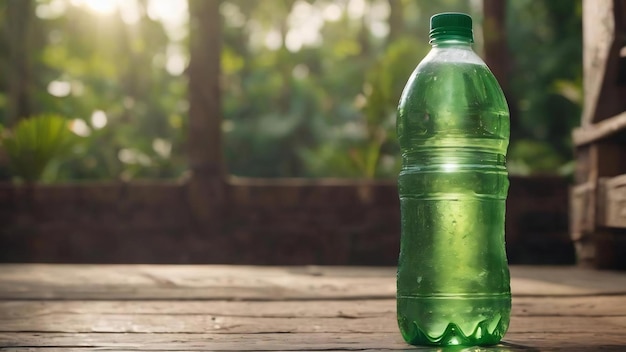 Una botella verde de agua en el fondo