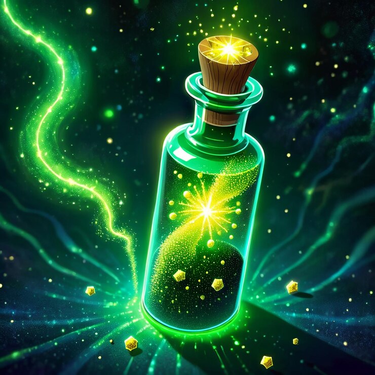 Foto una botella verde con un brillo verde en el medio