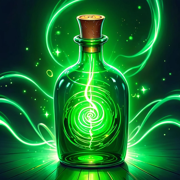 una botella verde con un círculo verde y una espiral en la parte superior