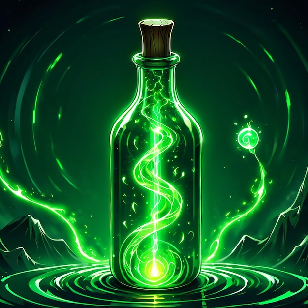 una botella verde con un diseño en espiral en la parte inferior