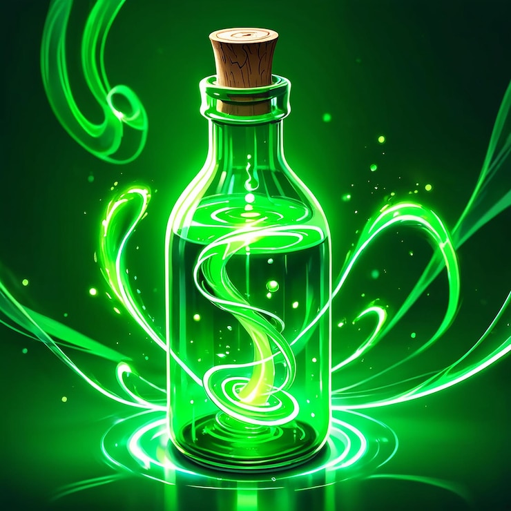 Foto una botella verde con un fondo verde con un remolino verde en el medio