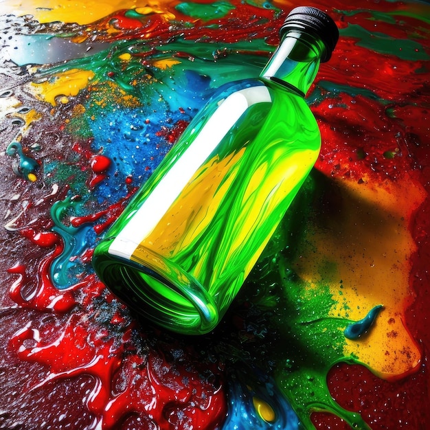 Una botella verde con un líquido verde está sobre una mesa.