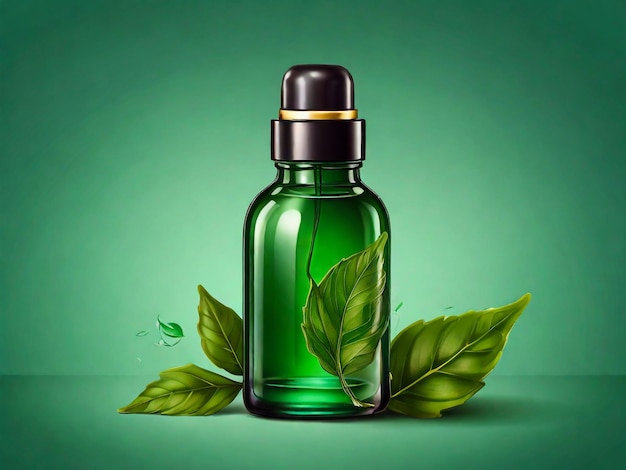 una botella verde de líquido verde con hojas en la parte superior