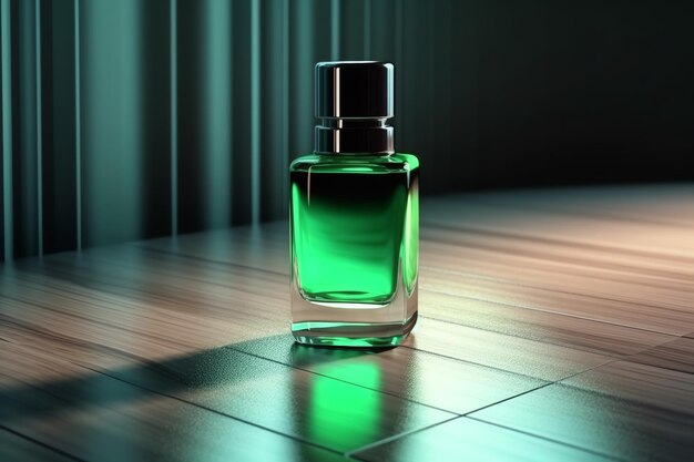 Una botella verde de perfume está sobre un suelo de madera.