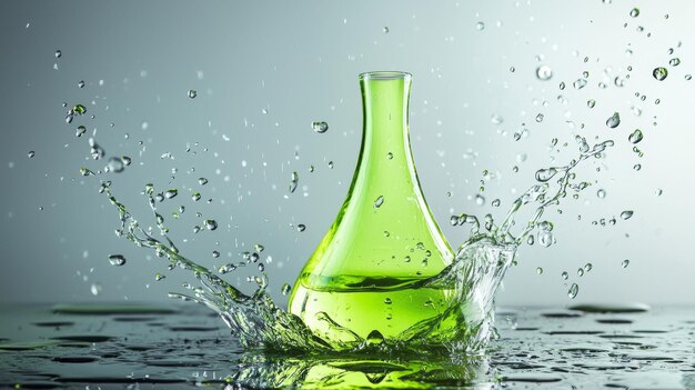 Botella verde salpicando en agua con gotas dinámicas