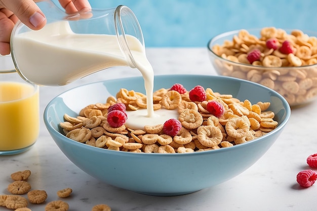 Foto la botella vertió leche en un cuenco de cereales.