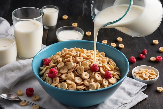 Foto la botella vertió leche en un cuenco de cereales.