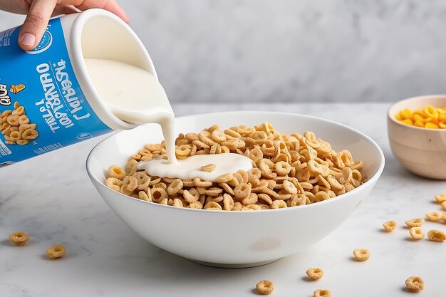 Foto la botella vertió leche en un cuenco de cereales.