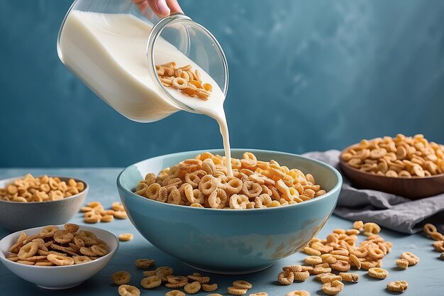 Foto la botella vertió leche en un cuenco de cereales.