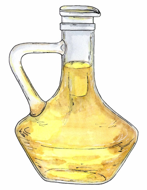 Botella de vidrio con aceite amarillo natural Dibujo de boceto de acuarela aislado brillante