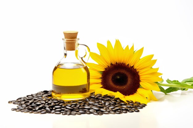 Botella de vidrio con aceite de girasol y flor de girasole con semillas negras sobre fondo blanco