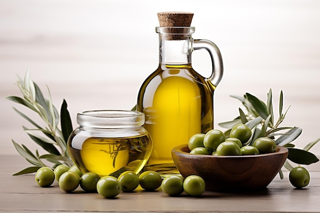 Botella de vidrio de aceite de oliva y aceitunas verdes en un cuenco