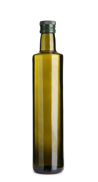 Botella de vidrio con aceite de oliva aislado en blanco