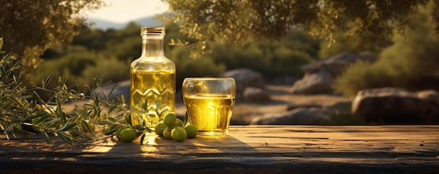 Botella de vidrio con aceite de oliva y mesa de madera de olivo a la luz del sol de olivar ai generativo