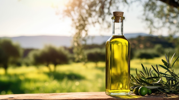 botella de vidrio con aceite de oliva verde con vistas a las colinas con olivos aceite para cocinar